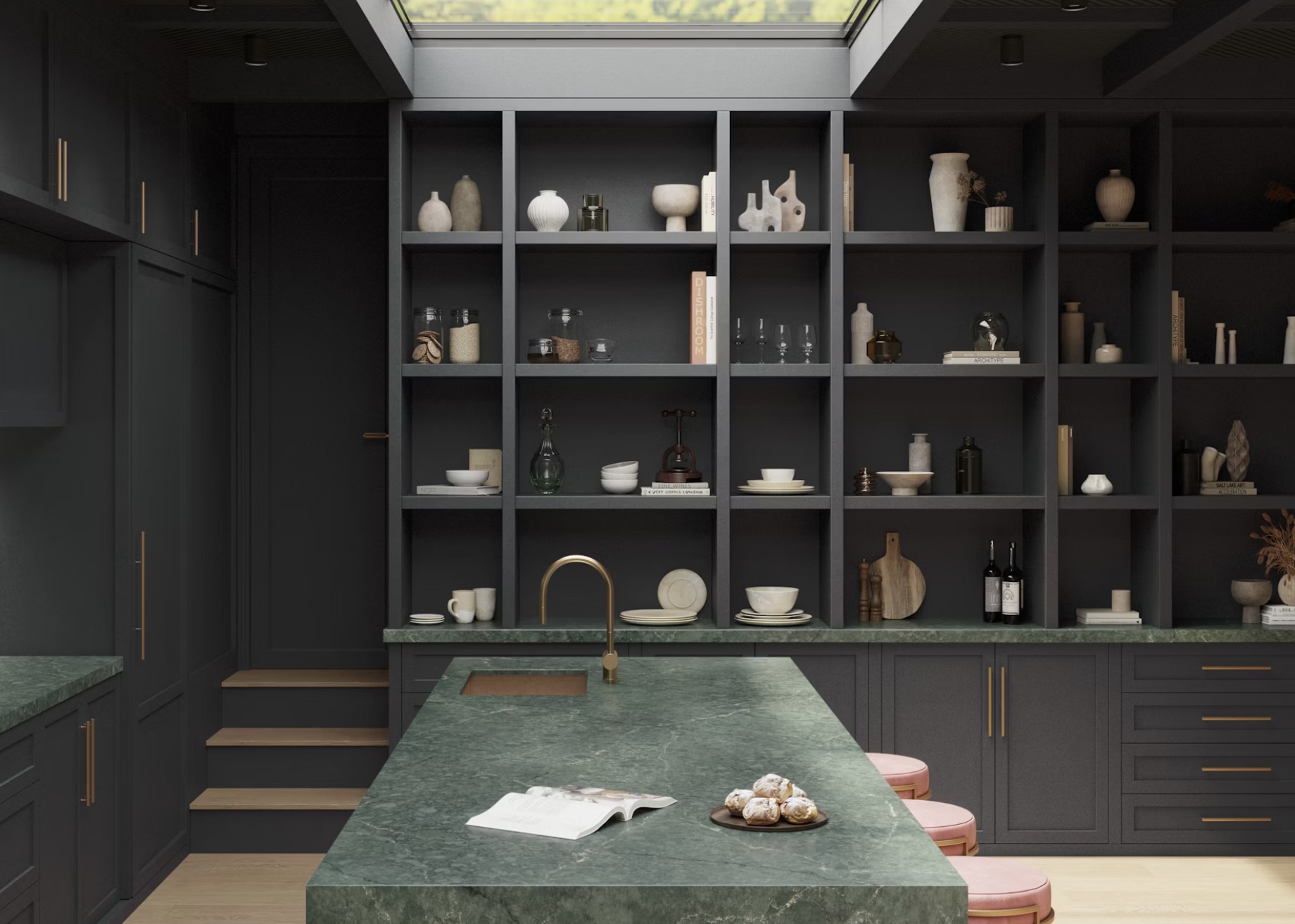 Cuisine sur mesure aux lignes architecturales avec étagères et portes intégrées